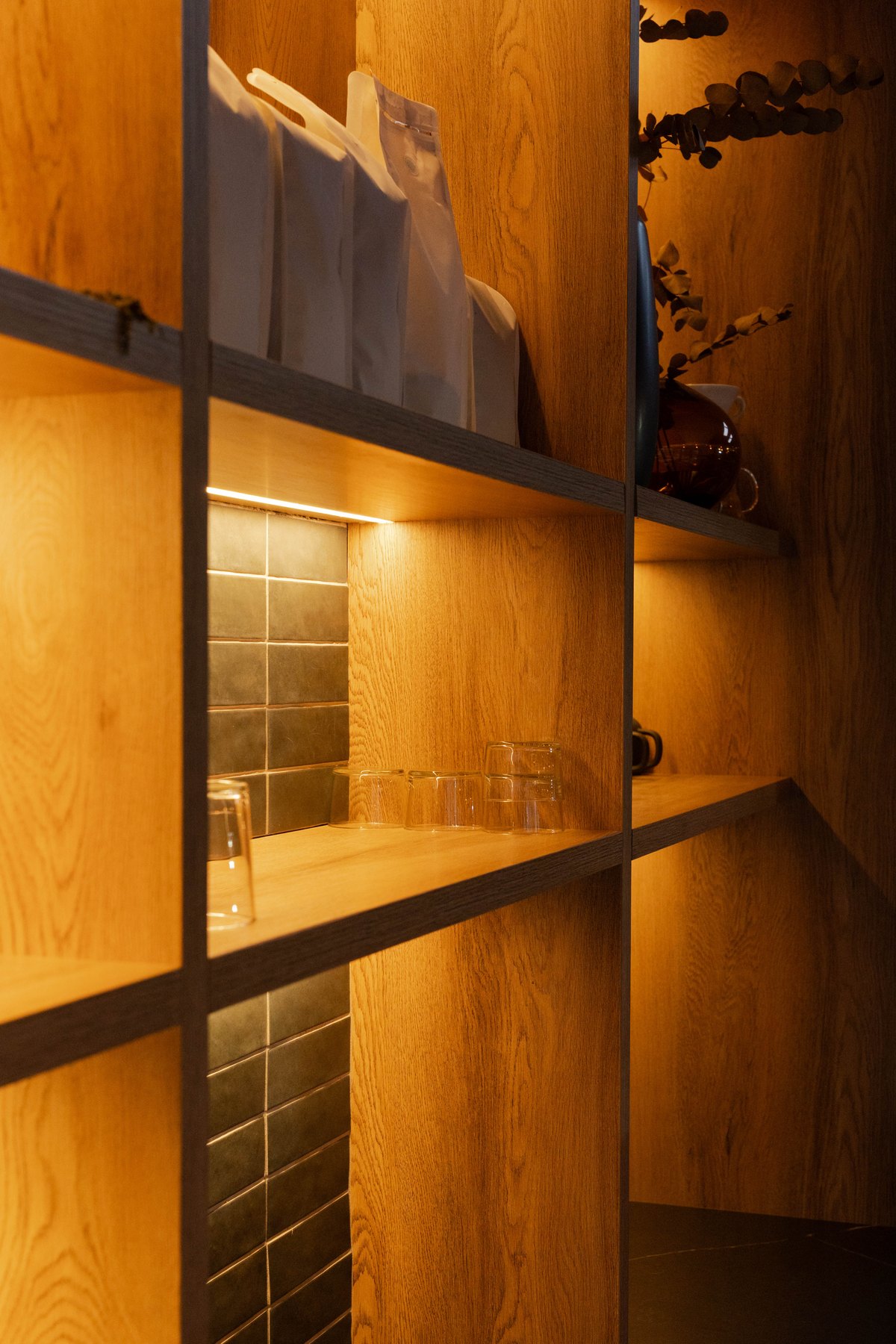 Shelving and glassware nook at Barrows Head Office